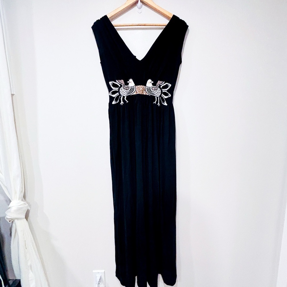 PAOLA FRANI Black maxi dress with‎ sequin birds